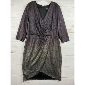 Lane Bryant Dress Womens 16 Purple Black Ombre Foil Surplice Stretch 3/4 Sleeve